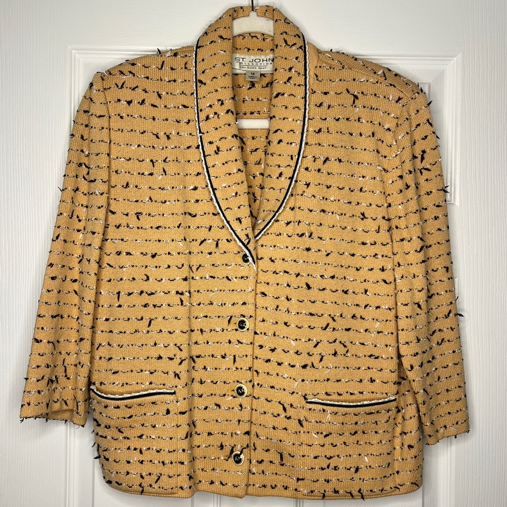 St. John Collection Camel Bouclé Jacket with Contrast Trim – Size 14